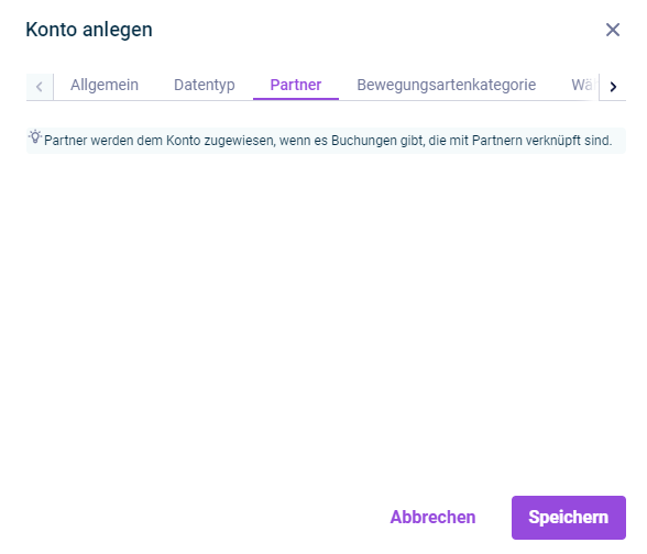Der Reiter 'Partner' im Dialog 'Konto anlegen' wird angezeigt.