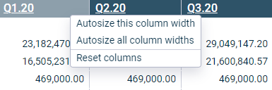The context menu with the options 'Autosize this column width', 'Autosize all column widths', and 'Reset columns' is displayed in the column header of an account hierarchy.