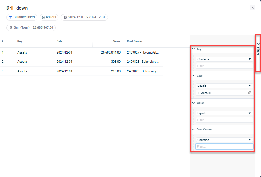 Shows the Filter panel that can be opened on the right-hand side of the drill-down dialog with the fields to search for key, date, value and cost center in this example.