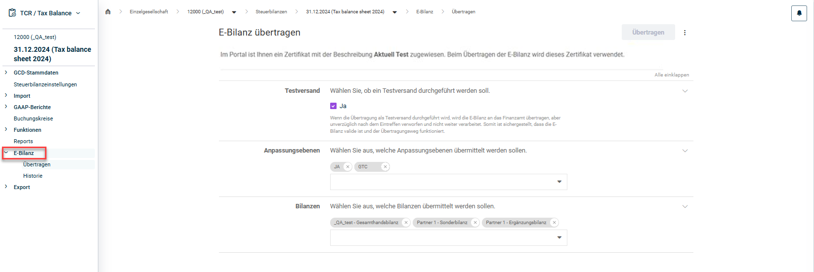Arbeitsbereich 'E-Bilanz'