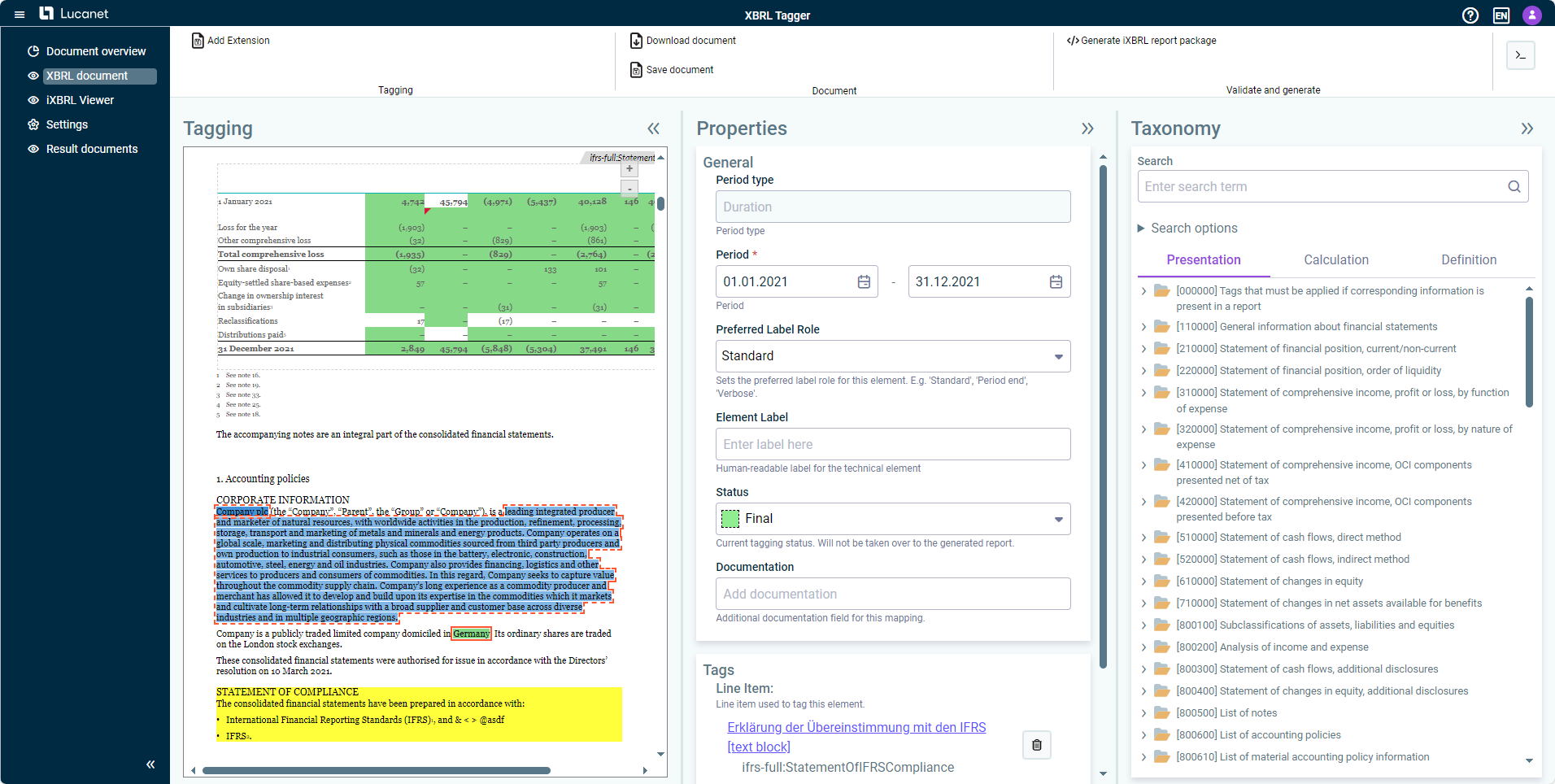 Workspace 'XBRL document' in the XBRL Tagger. A document is open and a tag is selected. The properties of the tag are displayed in the middle, and the taxonomy used is displayed on the right.