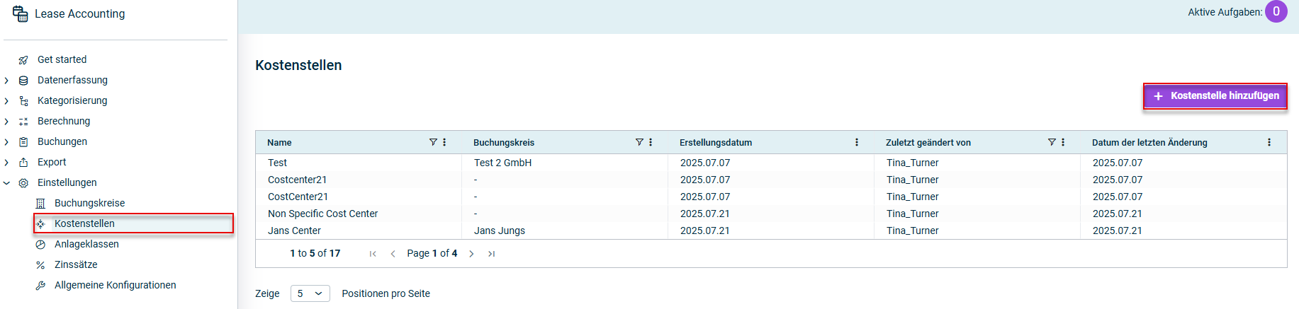 Der Arbeitsbereich 'Kostenstellen' wird angezeigt.