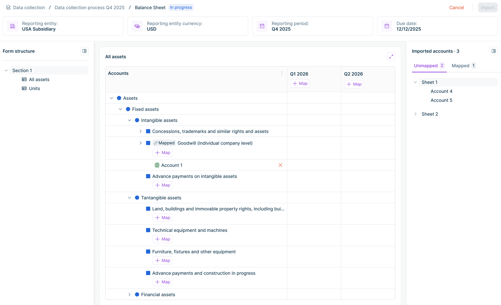 Form showing a mapped row with the linked account displayed as a child entry