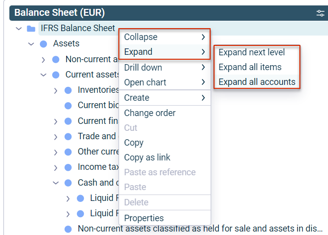 Displays the context menu for the "Balance sheet" workspace. The menu commands ‘Collapse and Expand’ are framed. The three subordinate menu commands of ‘Expand’, ‘Expand next level’, ‘Expand all items’ and ‘Expand all accounts’ are highlighted.