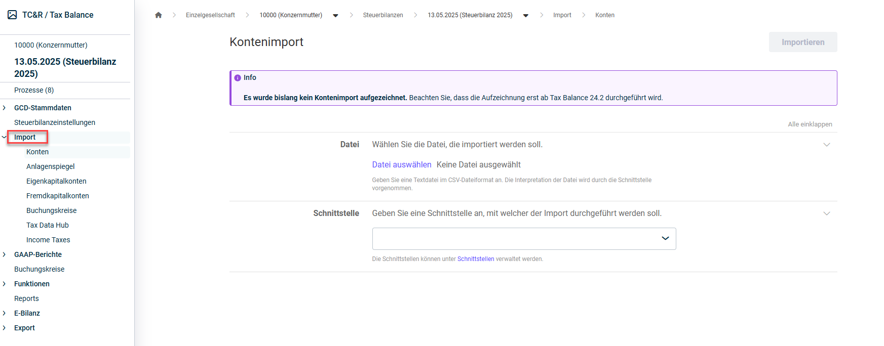 Arbeitsbereich 'Import'