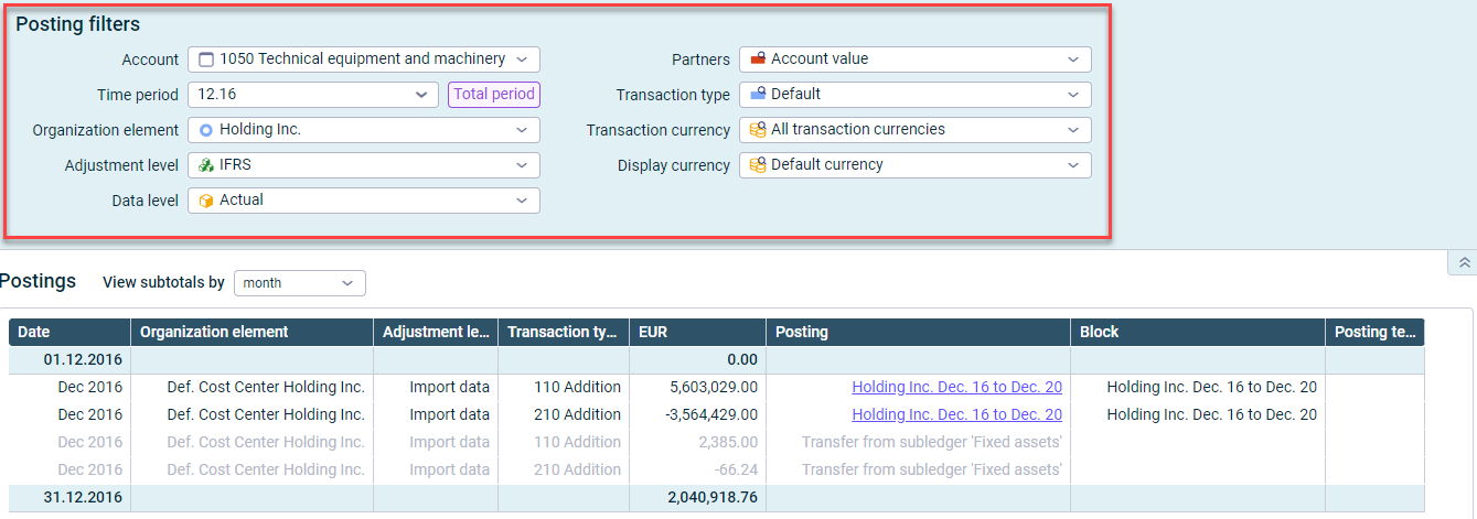 The 'Show postings' dialog is displayed with the 'Posting filters' area highlighted.