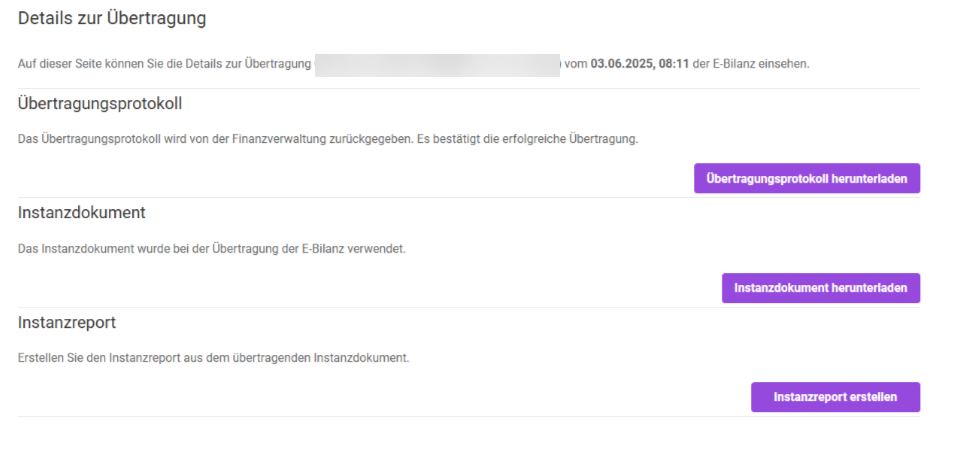 Zeigt die Details zur Übertragung einer E-Bilanz an