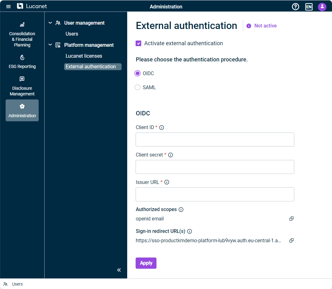 Displays the ‘External authentication’ workspace in the Platform Management. The option 'Enable external authentication' and the authentication method 'OIDC' are activated.