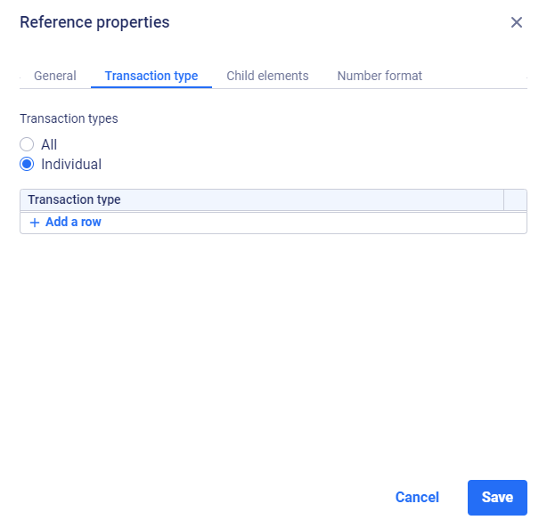 The 'Transaction type' tab is displayed in the 'Reference properties' dialog.