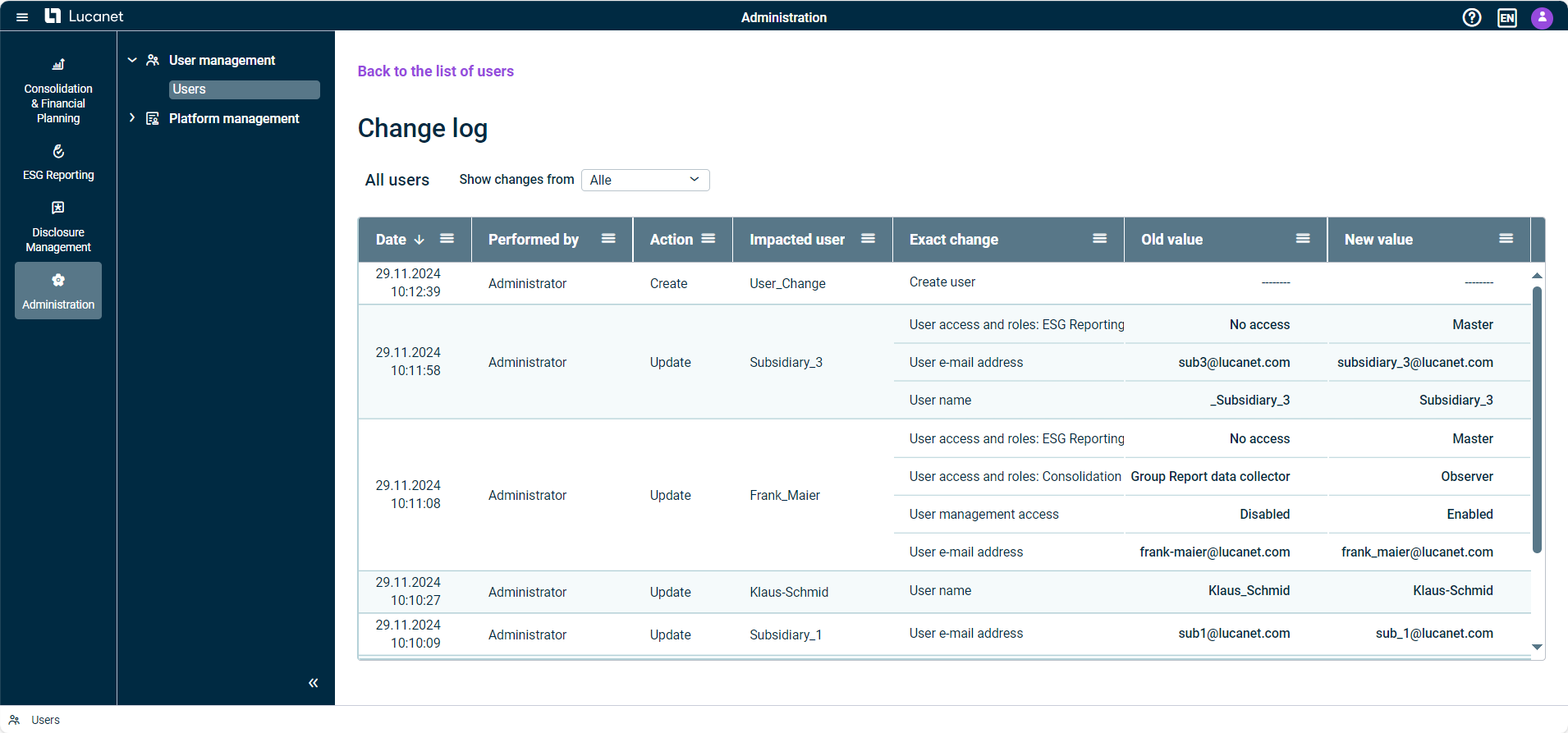 The general change log in the user administration is displayed.