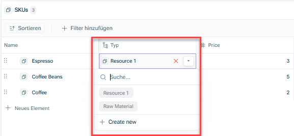 Zeigt die Detailansicht einer Dimension an. Hervorgehoben sind die Spalte „Typ“ und das Feld zur Auswahl des Typs, der dem Dimensionselement zugewiesen werden soll.