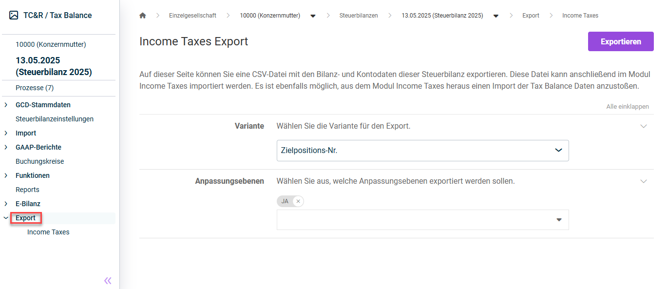 Arbeitsbereich 'Export'