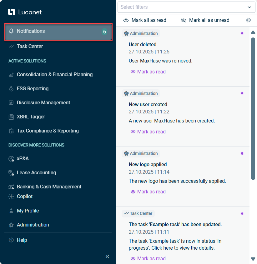Displays the 'Notifications' section in the main menu