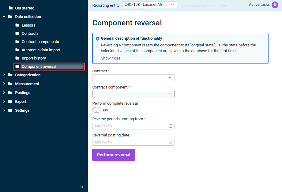 Displays the 'Component reversal' workspace