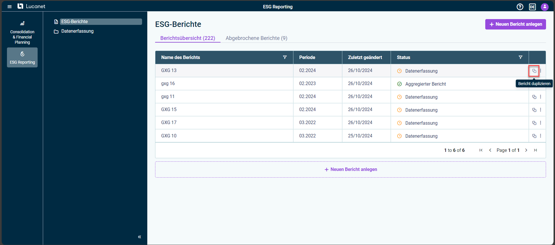 Der Bereich 'Berichtsübersicht' wird angezeigt. Die Option zum duplizieren eines ESG-Berichts ist rot hervorgehoben.