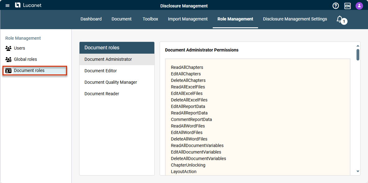 Displays the workspace ‘Document roles'