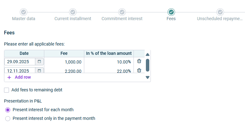 The step of a loan configuration called fees is displayed.