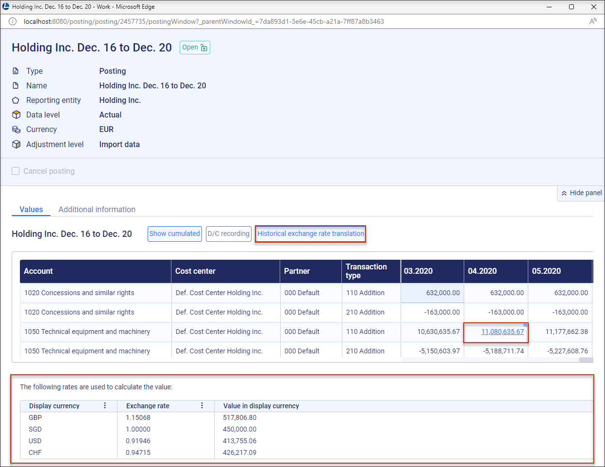 A posting with the 'Historical exchange rate translation' button highlighted is displayed. The value with historical exchange rate translation activated and the displayed exchange rates are highlighted.