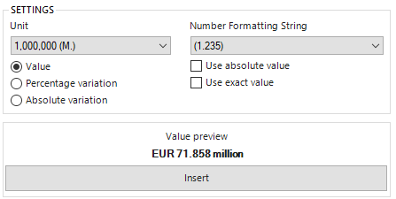 Displays part of the ‘Insert text values' dialog' The name and value of the available text values are displayed in the section from the 'Insert text values' dialog. Three buttons for inserting values and deviations are also displayed.