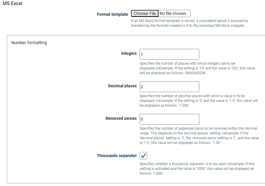 Displays the fields that can be configured in the document settings for the format template and number formatting in MS Excel