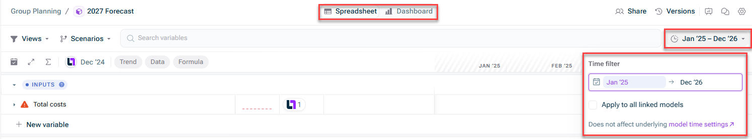 Shows the window for adjusting the time filter for a spreadsheet. Highlighted in the area to switch between spreadsheet and dashboard, the button to open the time filter and the window to adjust the time period a user wants to look at