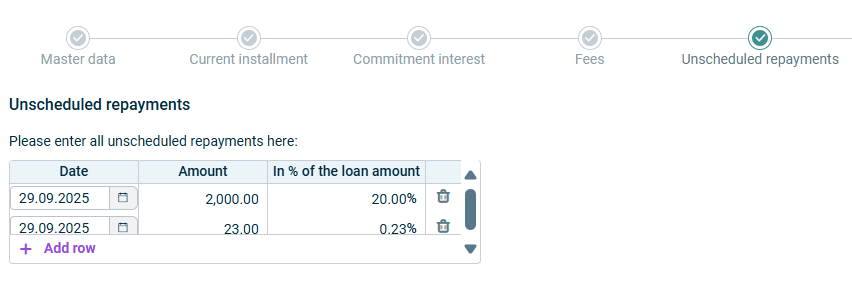 The step of a loan configuration called unscheduled repaymentsis displayed.