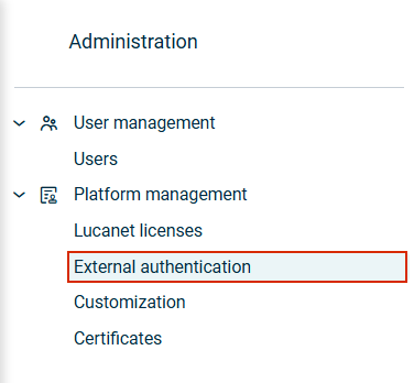 Displays the 'External authentication' workspace in Lucanet