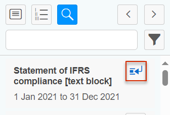 Part of the function bar in the iXBRL Viewer. The 'Search' button is activated. A tag is displayed. The button for opening the details of the tag is outlined in red.