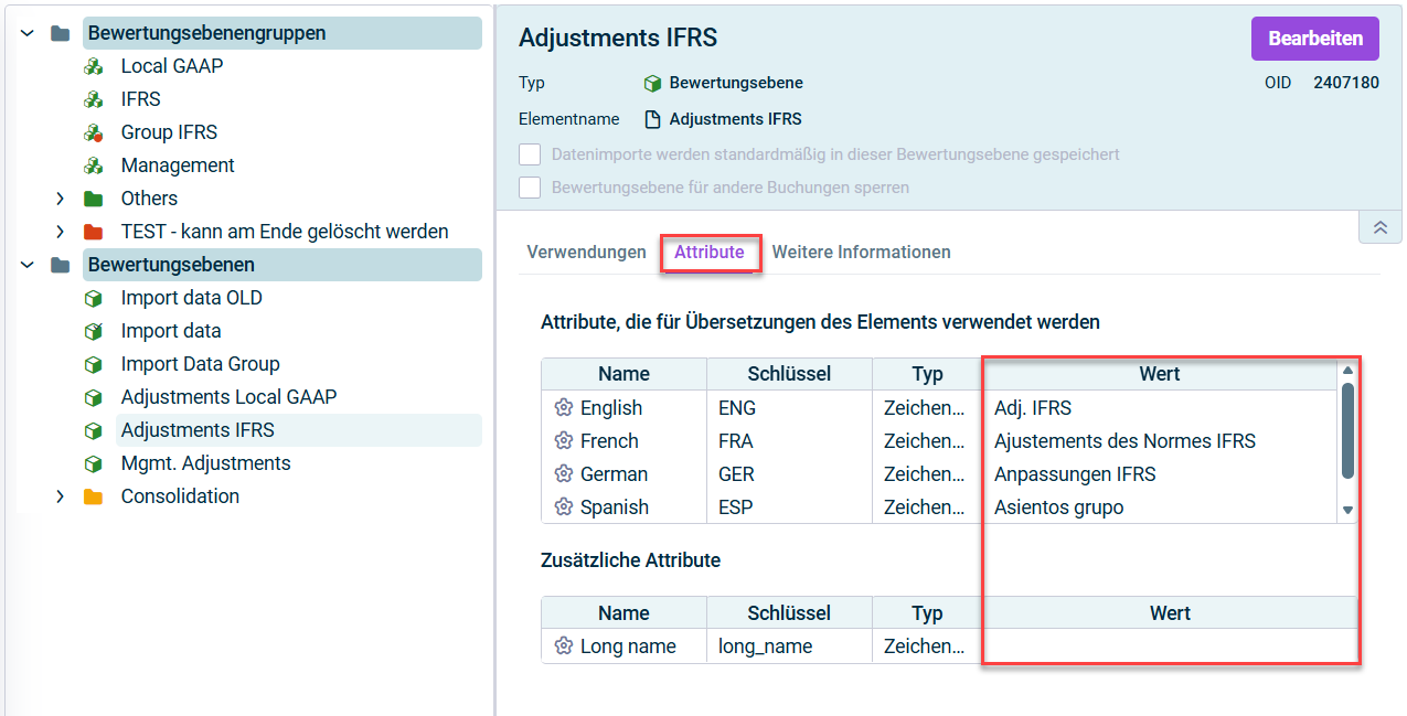 Zeigt den Reiter 'Attribute'. Hervorgehoben ist der Name des Reiters und die Spalte, in der die Attribute bearbeitet werden können.