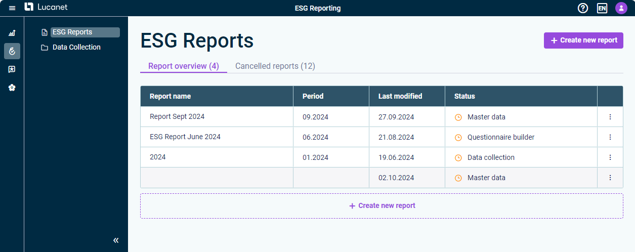 The user interface of ESG Reporting is displayed.