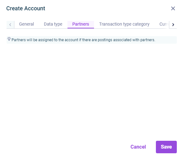 The 'Partners' tab in the "Create account" dialog is displayed.