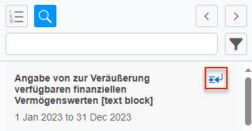 Ausschnitt aus der Funktionsleiste im iXBRL-Viewer. Die Schaltfläche 'Suche' ist aktiviert. Ein Tag wird angezeigt. Die Schaltfläche zum Öffnen der Details des Tags ist rot umrandet.