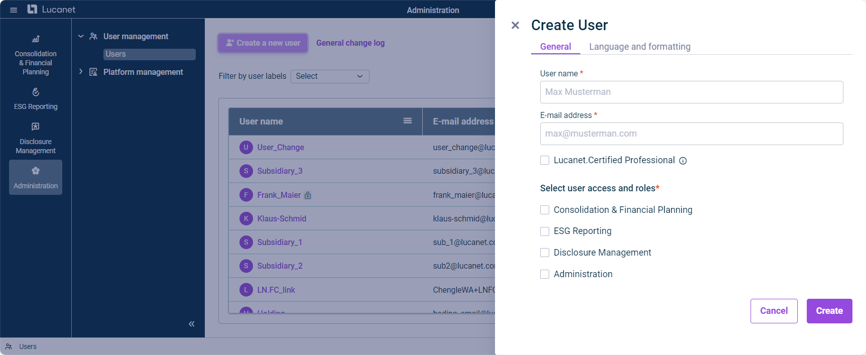 Displays the 'Create User' panel on the right side of the window. The rest of the window is grayed out.