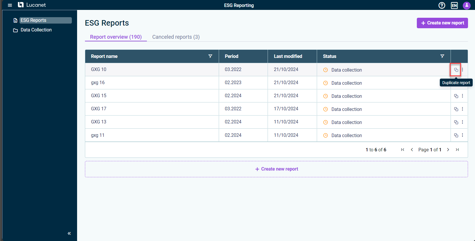 The ESG Reports menu is displayed. The Report overview tab is selected. The 'Duplicate report' option is highlighted in red.