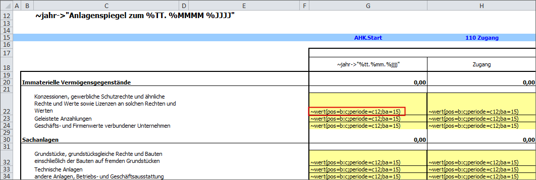 Zeigt einen Excel-Ausschnitt mit Tildeformeln. Mariert ist die Tildeformel für o.g. beispiel