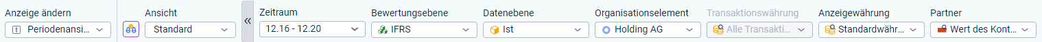 Die Dimensionsleiste im Arbeitsbereich 'Berichten und Analysieren' wird angezeigt.