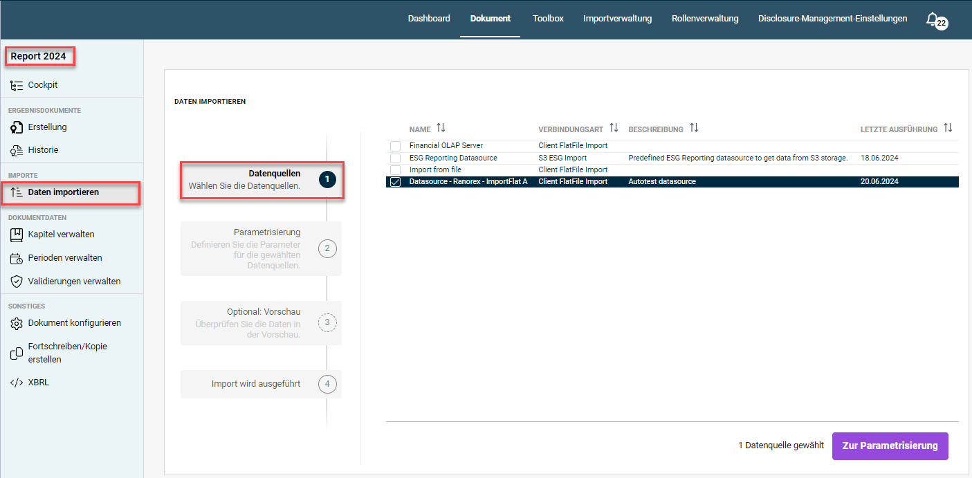 Zeigt den Bereich Datenquellen im Arbeitsbereich Datenimport für das Dokument Report 2024. Vier angelegte Datenquellen sind in diesem Bereich verfügbar.