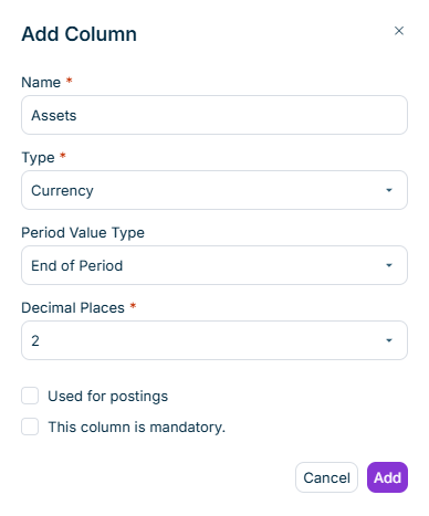 The 'Add new column' dialog is displayed.