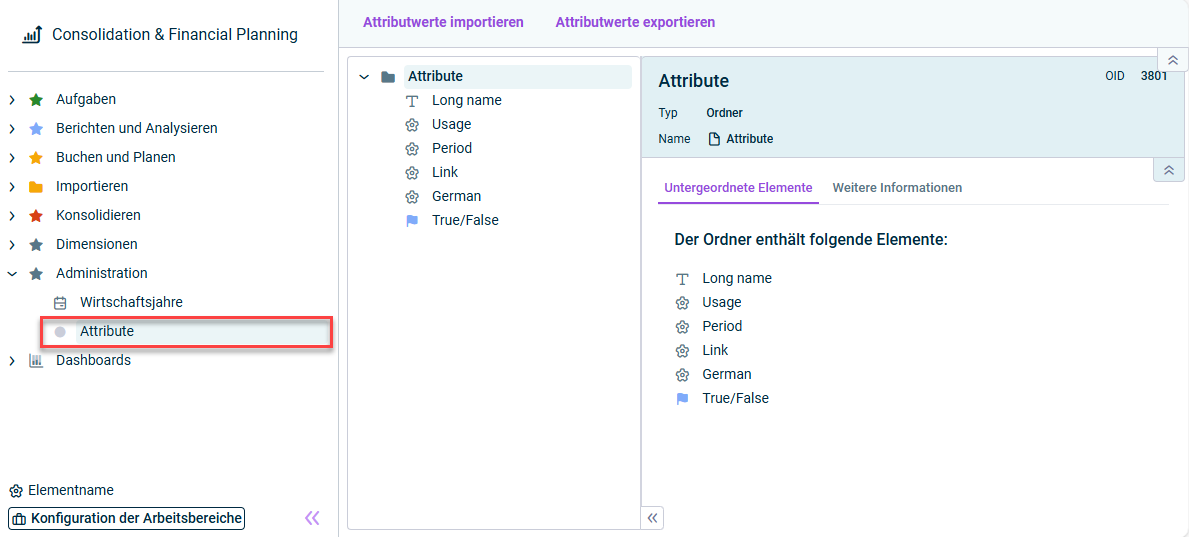 Zeigt den Arbeitsbereich 'Attribute'