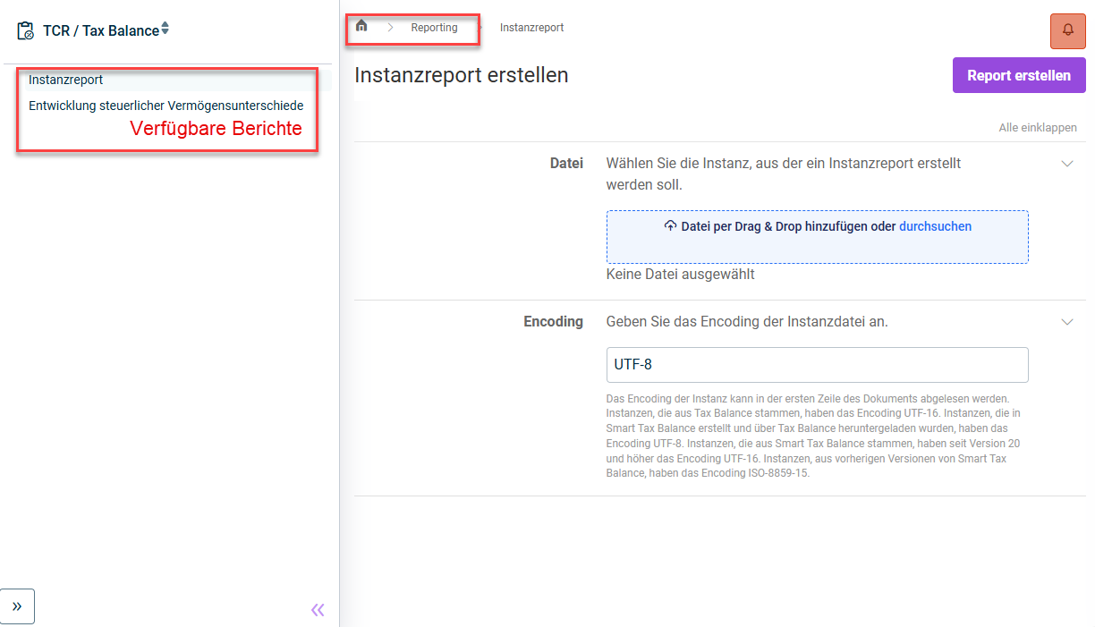 Zeigt den Funktionsbereich 'Reporting'. Rot hervorgehoben sind der Navigationspfad oben sowie die verfügbaren  Berichte links in der Übersicht