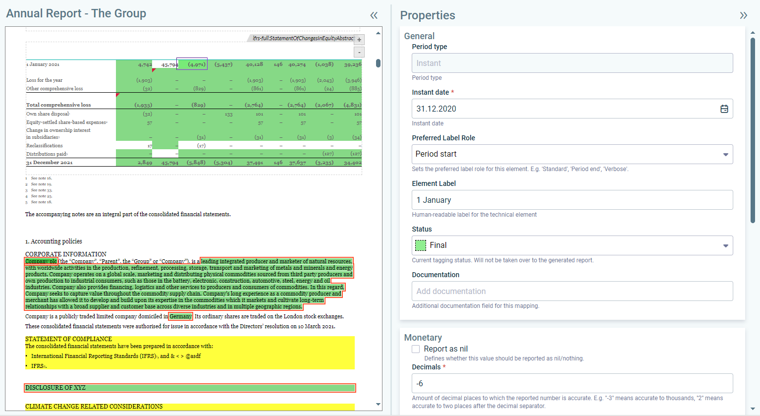 Part of the 'XBRL document' workspace. The 'Taxonomy' and 'Properties' areas are displayed. A value is selected in a table in the document. The properties of the selected value are displayed. 