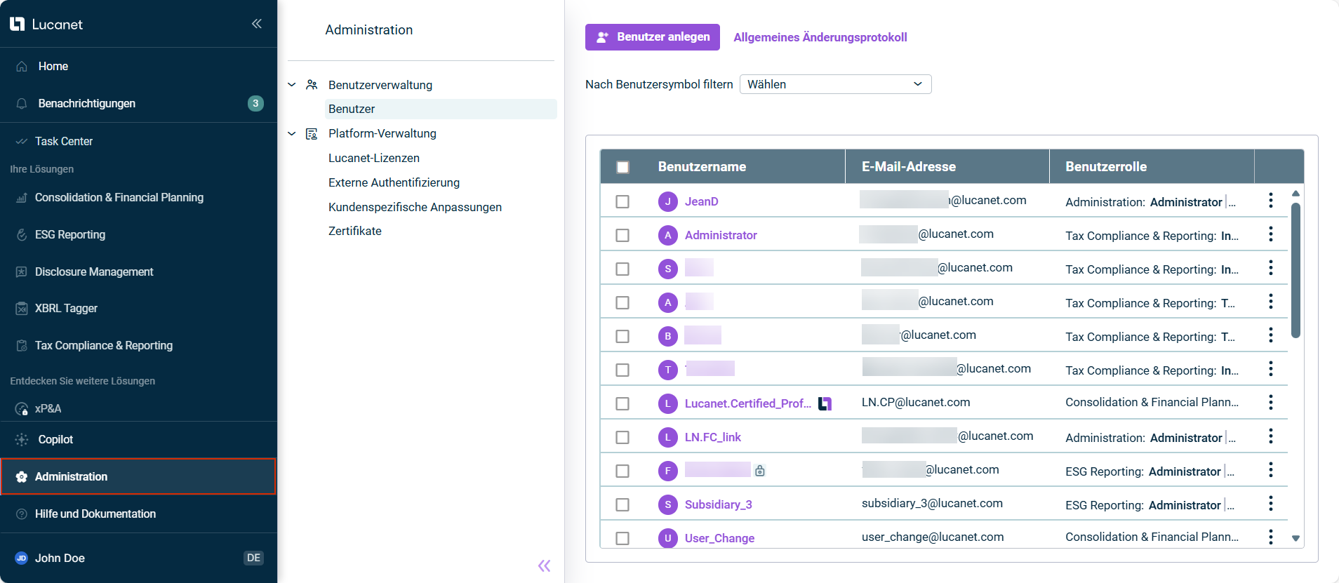 Die Benutzeroberfläche der Administration in der Lucanet CFO Solution Platform wird angezeigt.