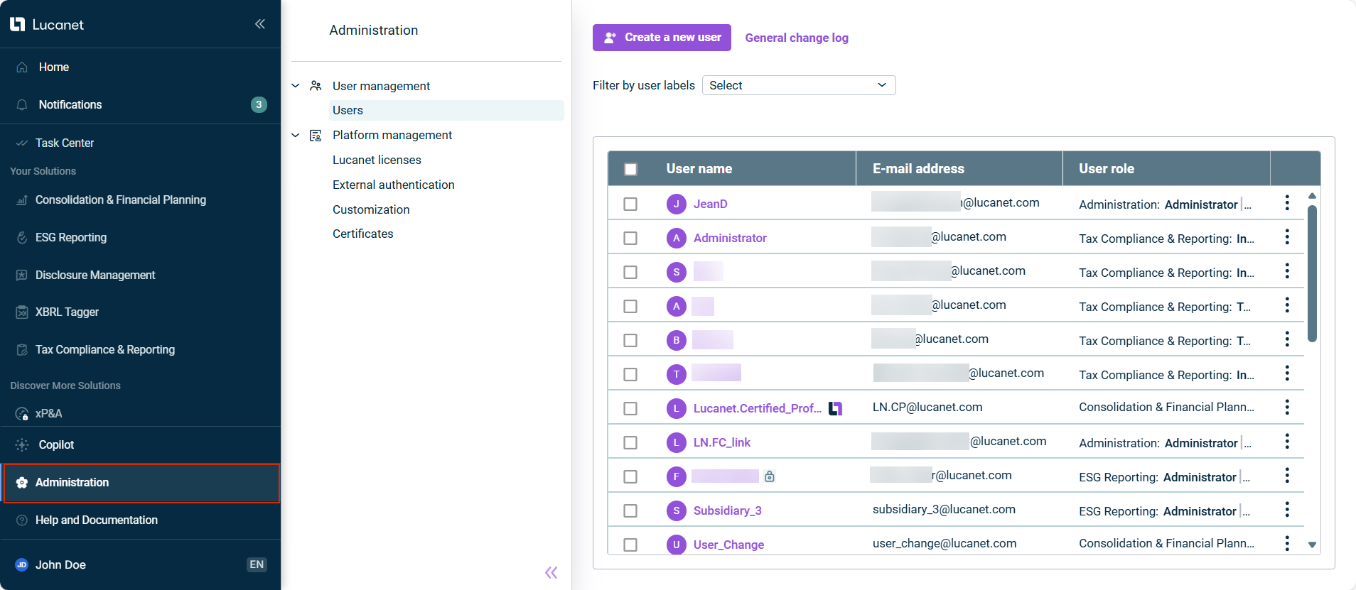 User interface of the administration on the Lucanet CFO Solution Platform