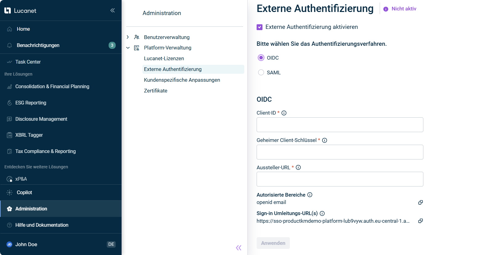 Externe Authentifizierung mit den Optionen zur Konfiguration von 'OIDC'.