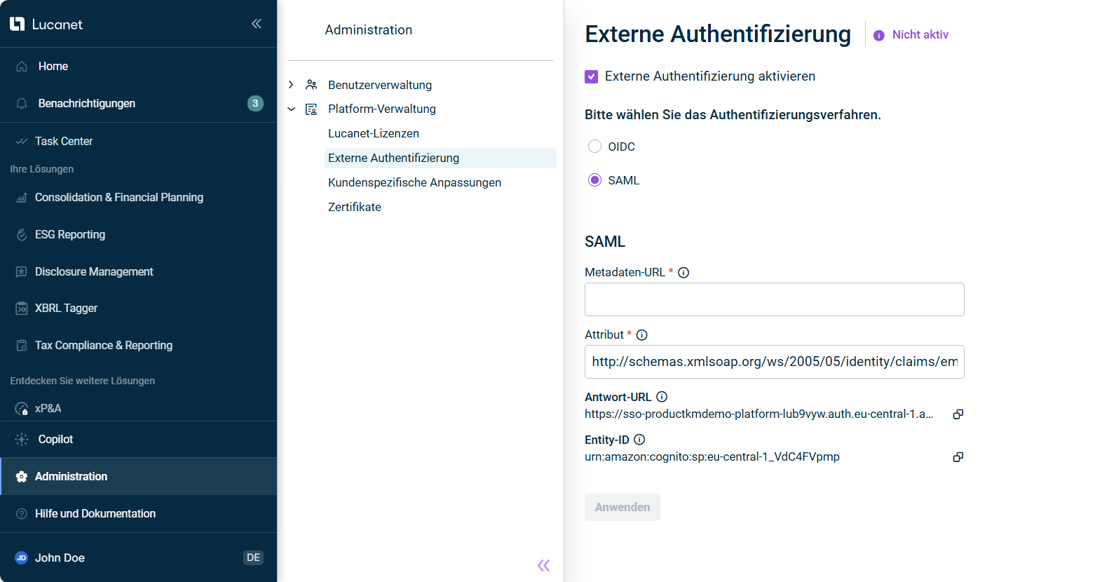 Externe Authentifizierung mit den Optionen zur Konfiguration von 'SAML'.
