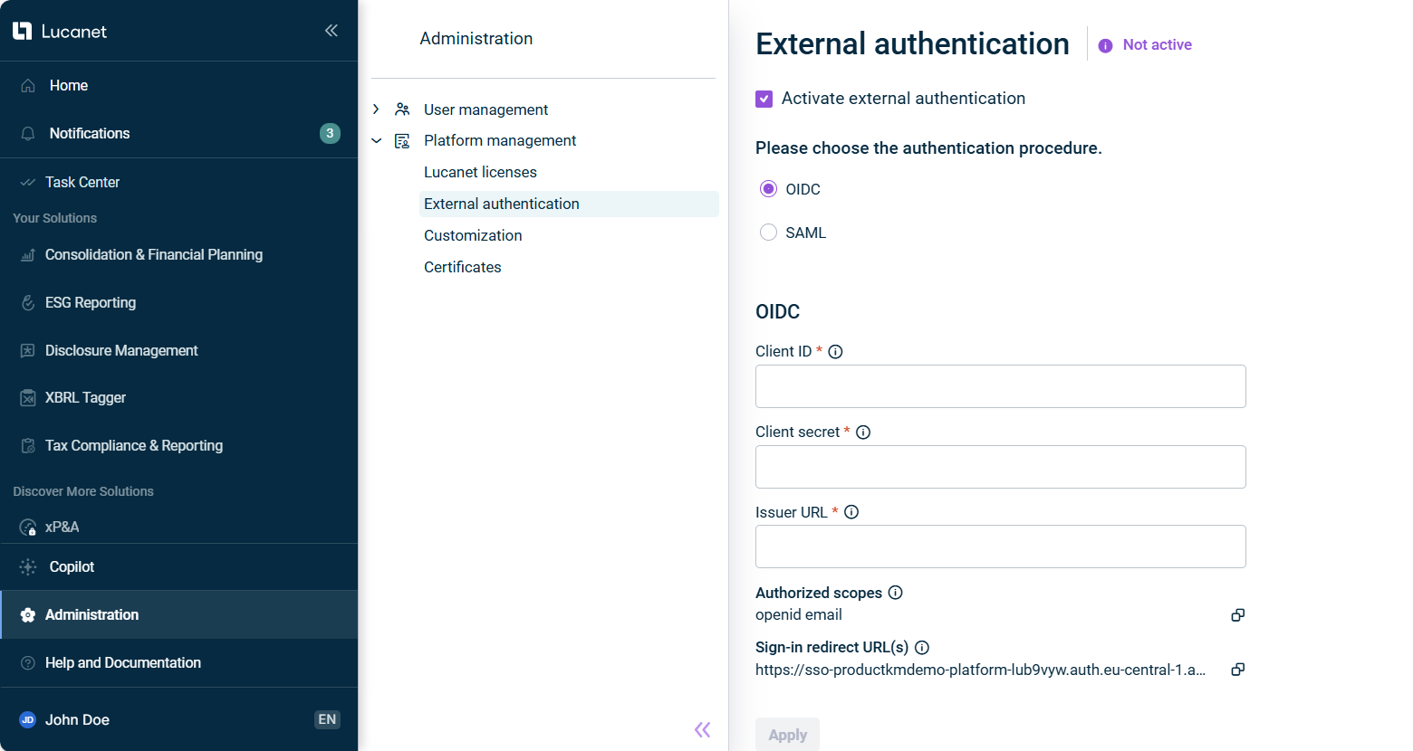 External authentication with the options to configure 'OIDC'.