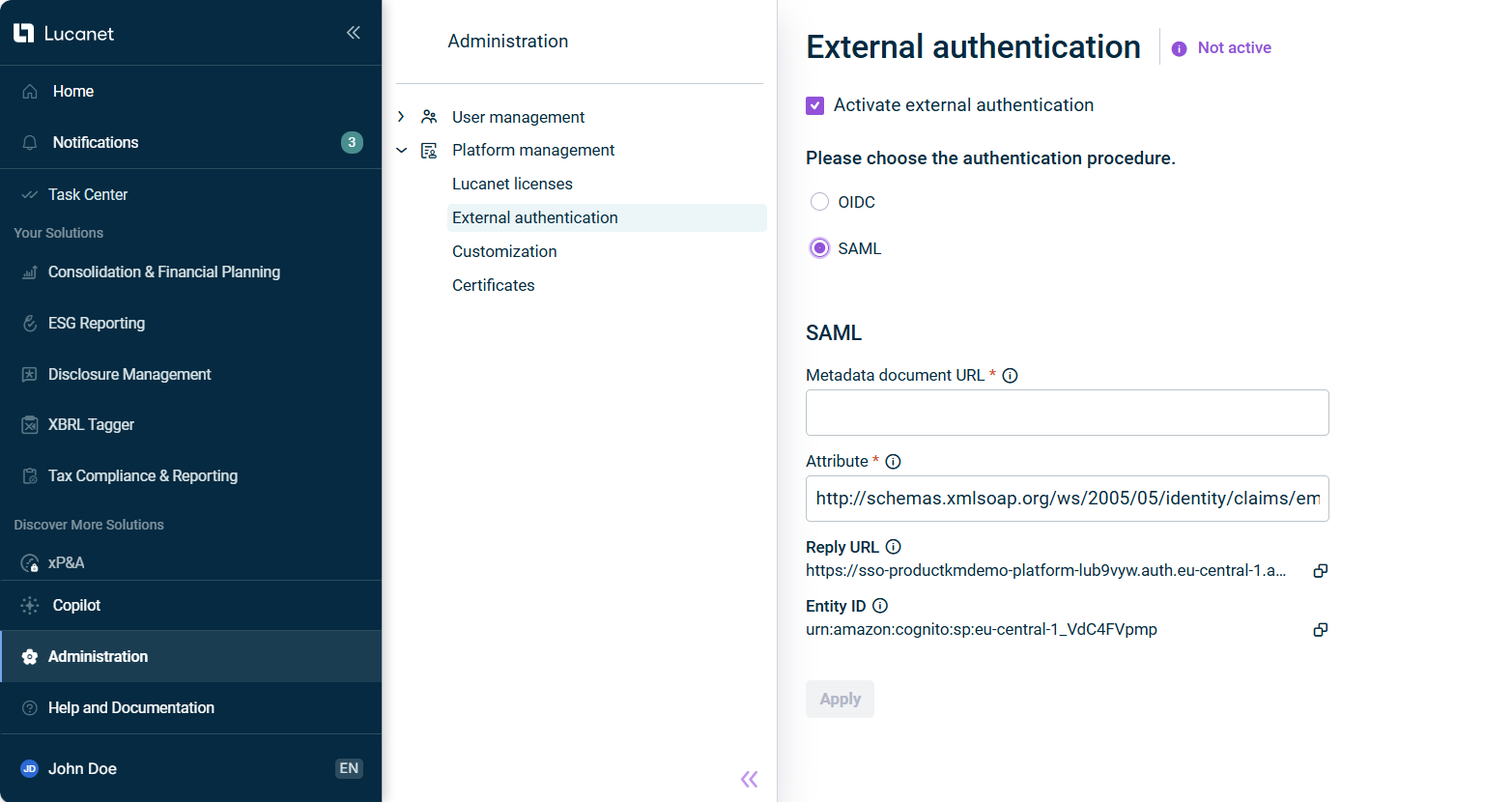 External authentication with the options to configure 'SAML'.