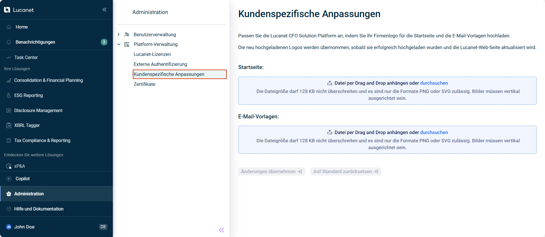 Zeigt den Arbeitsbereich 'Kundenspezifische Anpassungen' an.