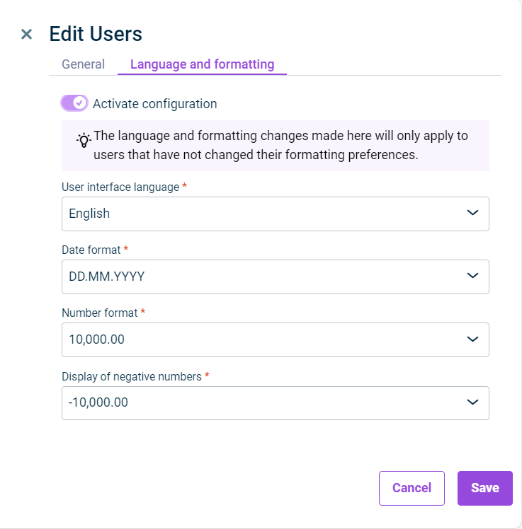 Change language and formatting settings for multiple users