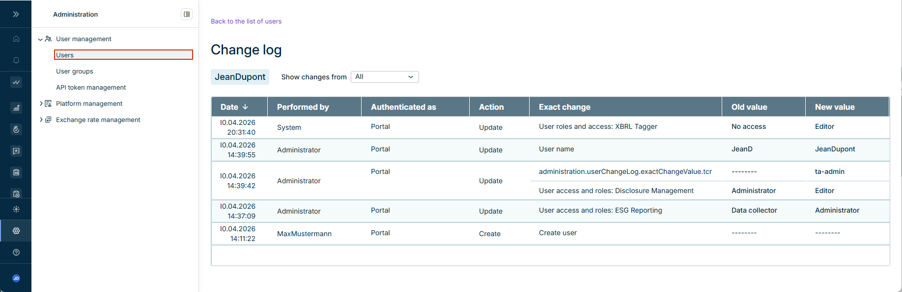 Change log for a single user